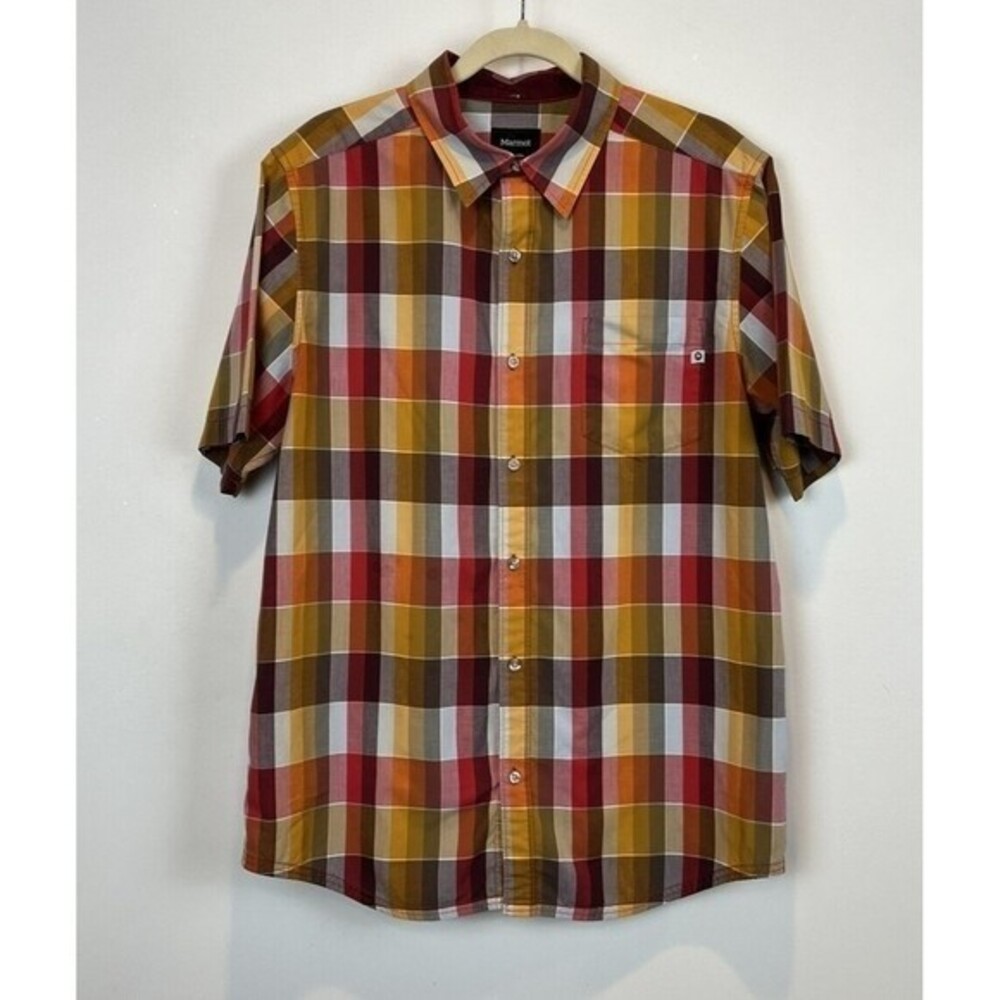 Marmot Mens Plaid Button Up Logo Short Sleeve Cotton Blend SZ LG